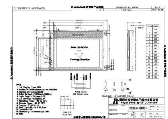 FSTN 240 * 160 وحدة LCD الرسومية مع UC1611S شاشة عرض إيجابية أحادية اللون