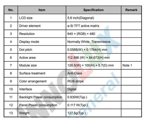 إنولوكس 5.6 بوصة TFT LCD Module 640*RGB*480 شاشة عرض رقمية AT056TN52