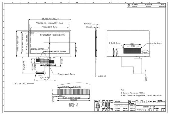 4.3 بوصة TFT أصل Innolux LCD Module AT043TN24 V.7 480*RGB*272 العرض