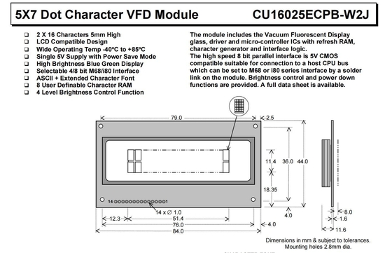 وحدة VFD 5 * 7 DOT 2 * 16 حرف Cu16025ecpb-W2j الأزرق الأخضر 8-بيت واجهة موازية