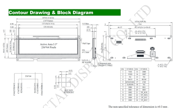 وحدة OLED 5.5' 256' 64* Monochrome COF مع عرض Winstar استبدال اللمس