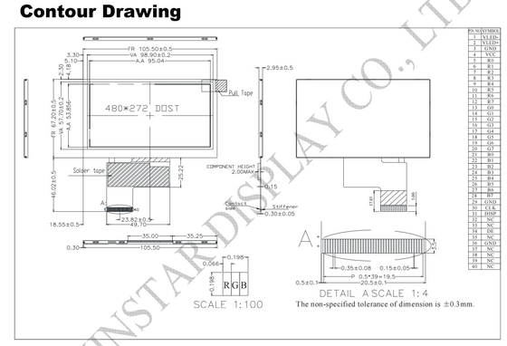 4.3'' 480*RGB*272 TFT LCD Module 16: 9 ناقل 12h 3.3V استبدال وينستار