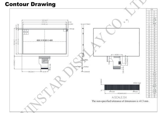 7' 800*RGB*480 TFT LCD Module بيضاء منتقلة 12H 16:9 مع ST-5623D