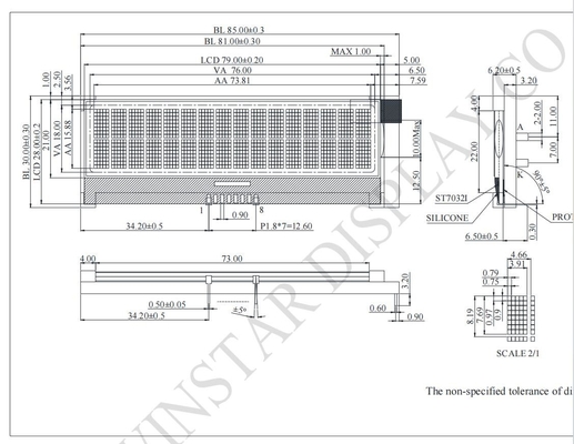 16*2 حرف COG LCD Module 3.3V أحادي اللون I2C مع ST7032I قابلة للتخصيص