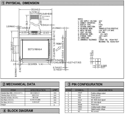 98 * 64 وحدة LCD الرسومية مع St7549 واجهة I2c عرض الحرارة الواسعة الإيجابية