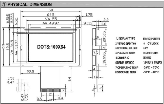 100 * 64 وحدات شاشة LCD الرسومية STN 6H مع SED1560 درجة حرارة واسعة الشاشة الصفراء الخضراء قابلة للتخصيص
