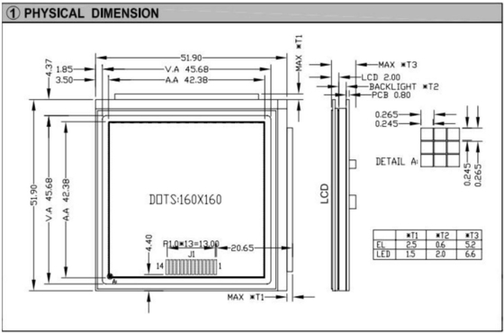 160*160 وحدة LCD الرسومية المربعة مع ضوء خلفي PCB NT7701 شاشة عرض صناعية ذات درجة حرارة واسعة