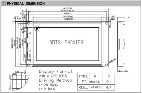 240*180 وحدة LCD FSTN الرسومية مع شاشة عرض صناعية ذات درجة حرارة واسعة مع إضاءة خلفية