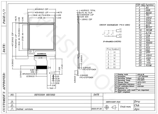 1.54'' 200*200 الواجهة SPI أحادية اللون العرض الالكتروني الورقي EPD