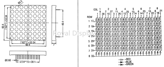 300mcd 8X8 Dot Matrix LED Display كاثود مشترك 60.2X60.2mm