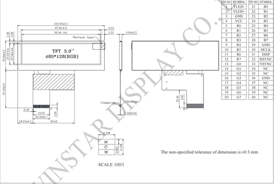 3.9' بار TFT LCD Module 480*128*RGB WinStar استبدال 6H HX8278-A