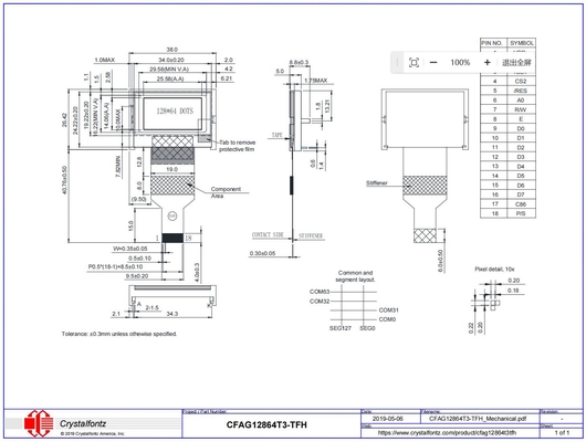 1.4'' 128*64 وحدات LCD الرسومية CFAG12864T3-TFH ST7565P عرض درجة حرارة واسعة قابلة للتخصيص