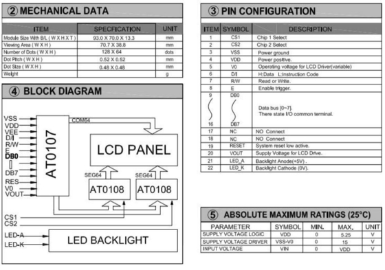 128 * 64 الرسومات STN وحدة LCD AT0107 أحادي اللون مع LED الضوء الخلفي الشاشة الصناعية