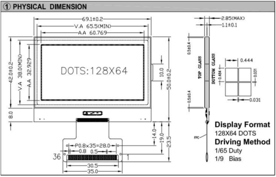 128 * 64 وحدة LCD الرسومية واجهة FPC ST7565 3.3v عرض صناعي لدرجة حرارة واسعة