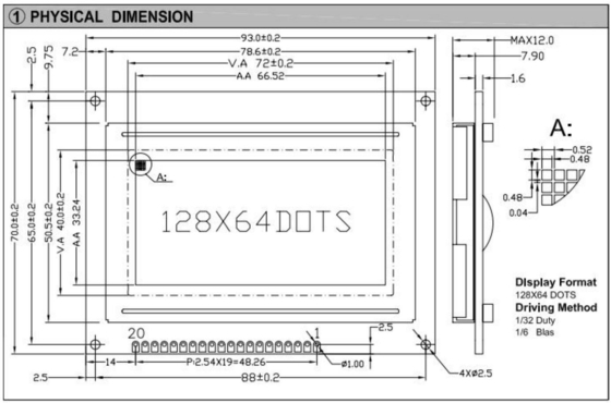 رابط 20PIN 128 * 64 وحدة LCD الرسومية أحادي اللون STN لون اختياري مع الضوء الخلفي