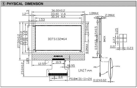 132*64 وحدة LCD الرسومية FSTN NT7534 FPC Connector العرض الصناعي 3.5v