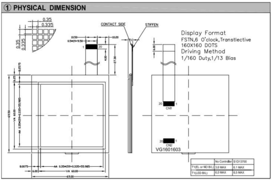 160*160 وحدة LCD الرسومية FSTN 6H عرض صناعي مربع 60*60 ملم مع إضاءة خلفية