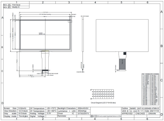 9.0'' TFT LCD Module درجة حرارة واسعة 800*RGB*480 12H إرسال عرض مخصص