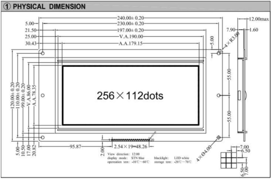 256*112 وحدات LCD الرسومية 12H STN الشاشة الصناعية ذات درجة حرارة كبيرة