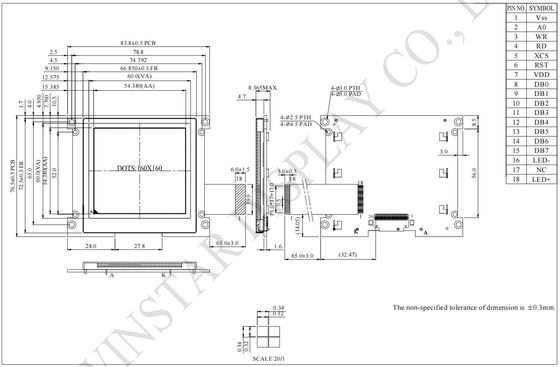 160*160 الرسومات FSTN UC1698u الحرارة العريضة Cog وحدات LCD مخصصة