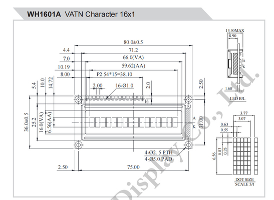 16*1 حرف أحادي اللون واجهة SPI درجة حرارة واسعة وحدة VATN LCD