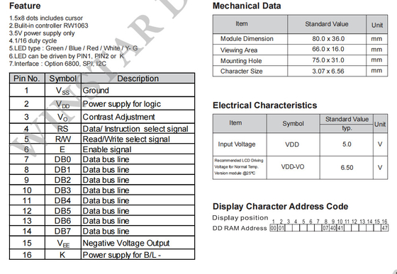 16*1 حرف أحادي اللون واجهة SPI درجة حرارة واسعة وحدة VATN LCD