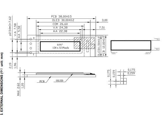0.91' 128*32 أحادي اللون الدرجة الحرارية العريضة OLED مع وحدة LCD PCB
