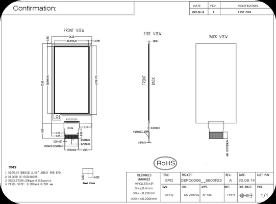 2.66' 152*296 SSD1680Z8 واجهة SPI