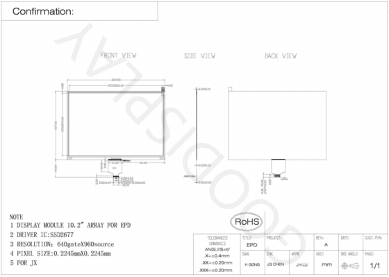10.2'4 لون 640*960 ورق إلكتروني عرض SSD2677 مبني على EPD