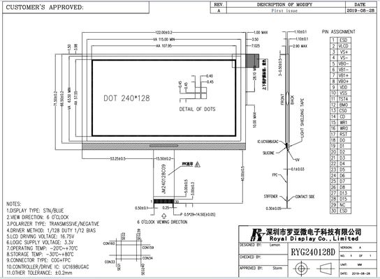 STN الأزرق 240 * 128 الرسومات المنقولة السلبية UC1698U COG وحدة LCD